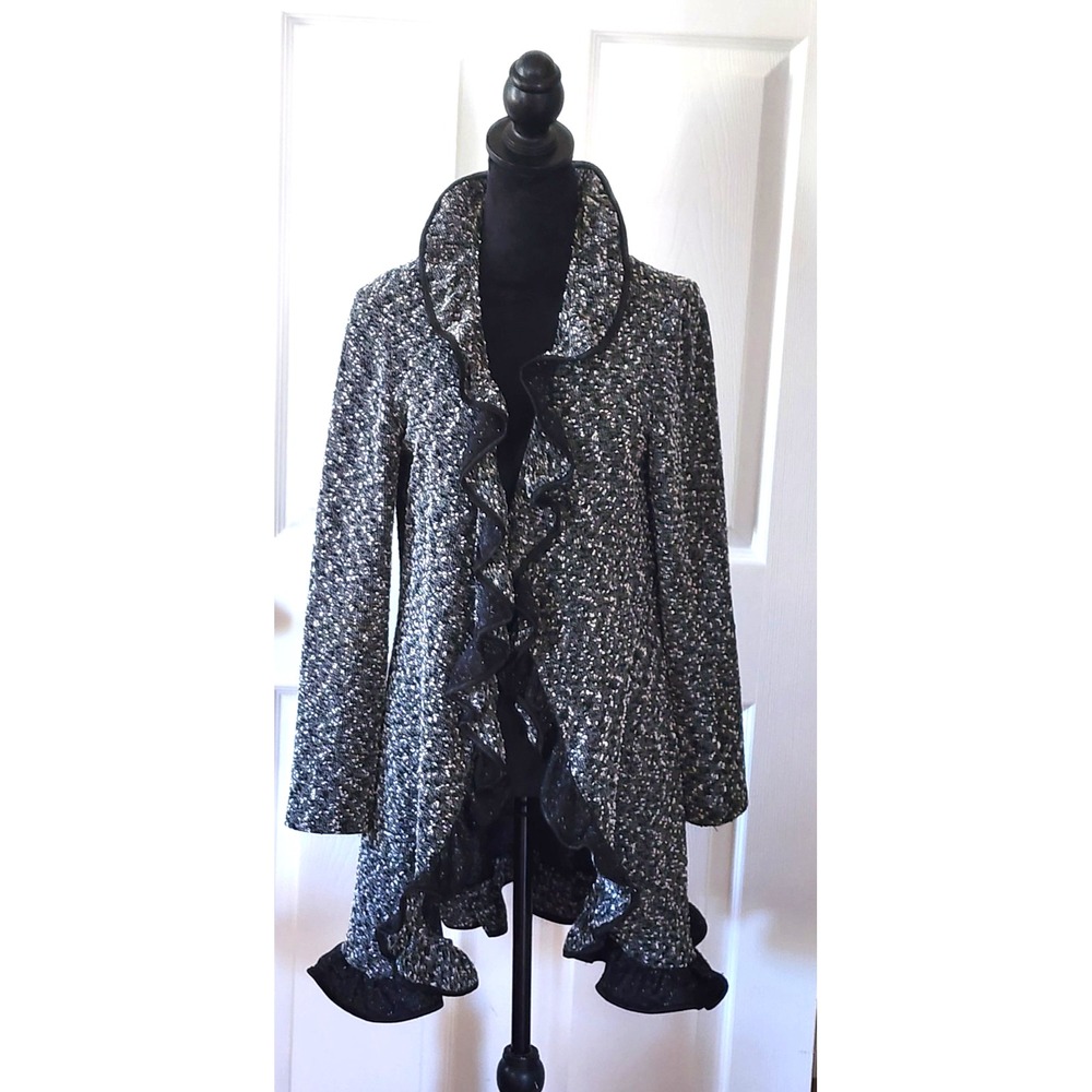 Joseph Ribkoff Jacket Lightweight Blk & Wht Tweed Ruffled Collar to Hem - Picture 10 of 15